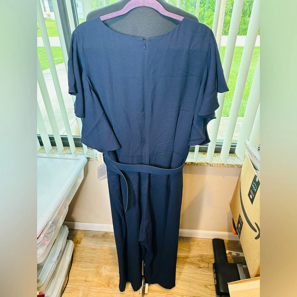 Eliza J Navy Blue V-Neck Cap Sleeves Belted Wide Leg Jumpsuit Plus  Sz 20W NEW